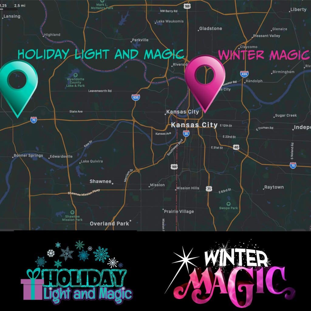 Map to the two holiday lights shows in KC